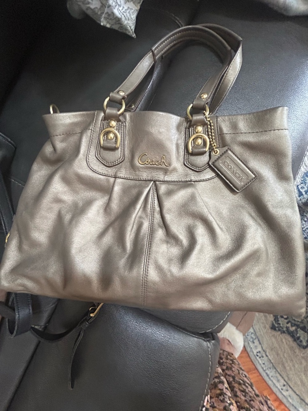 Coach Metallic Taupe Leather Tote with Brass Hardware